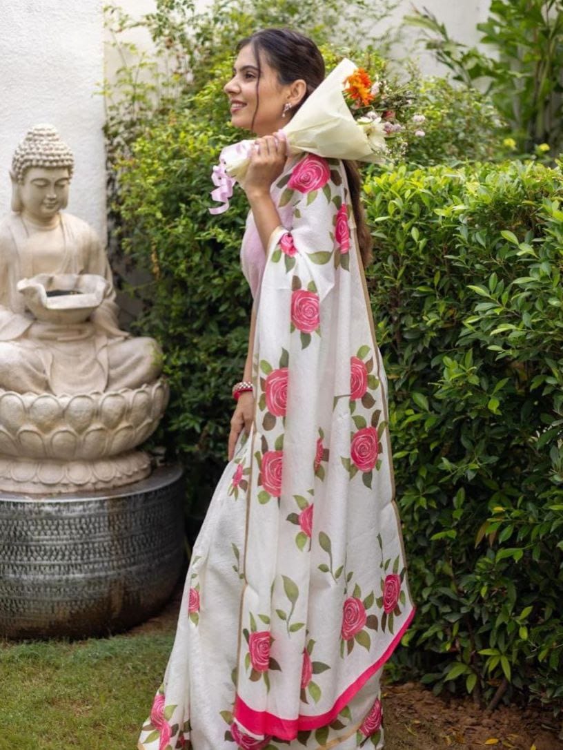 White Rose Floral Saree