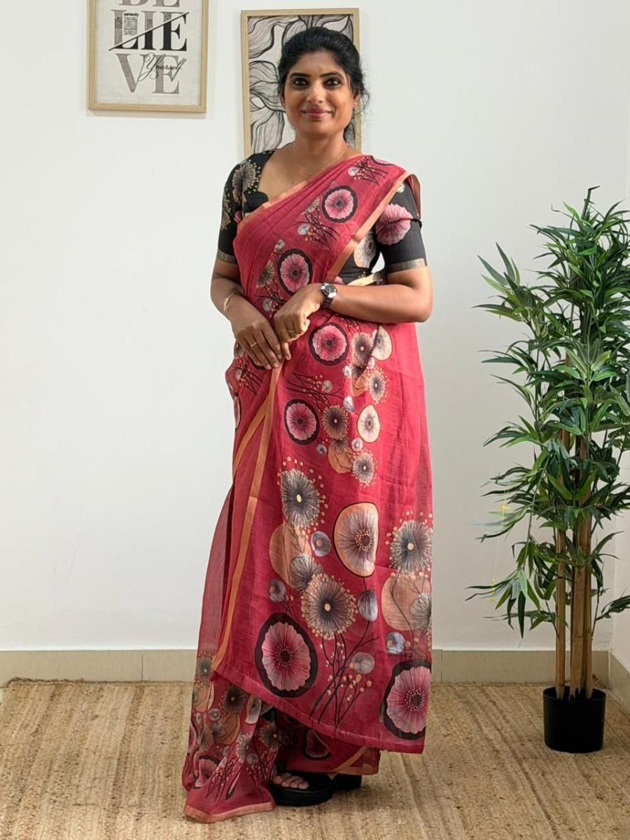 Pink Digital Print Linen Saree
