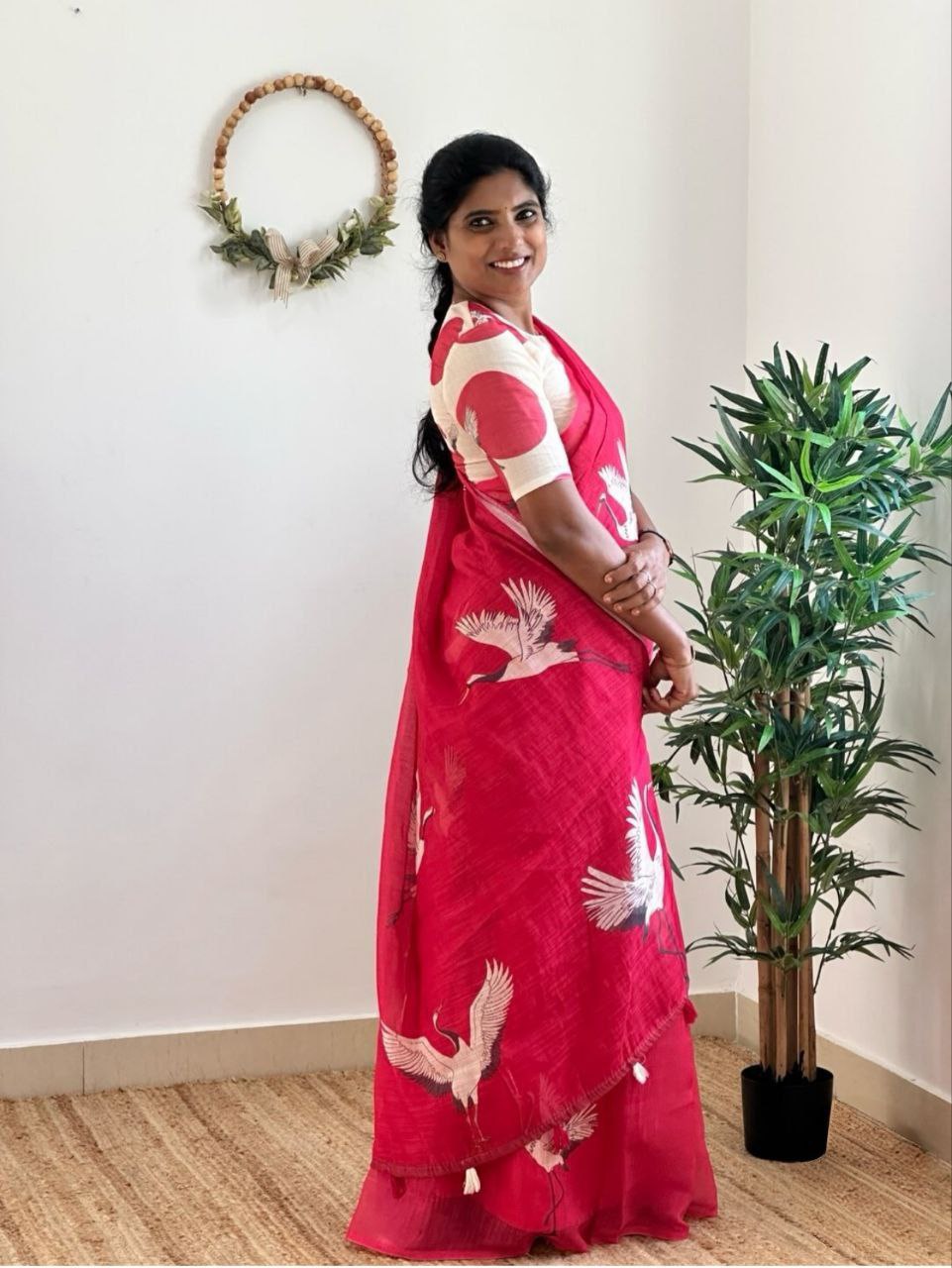 Pink Digital Print Linen Saree