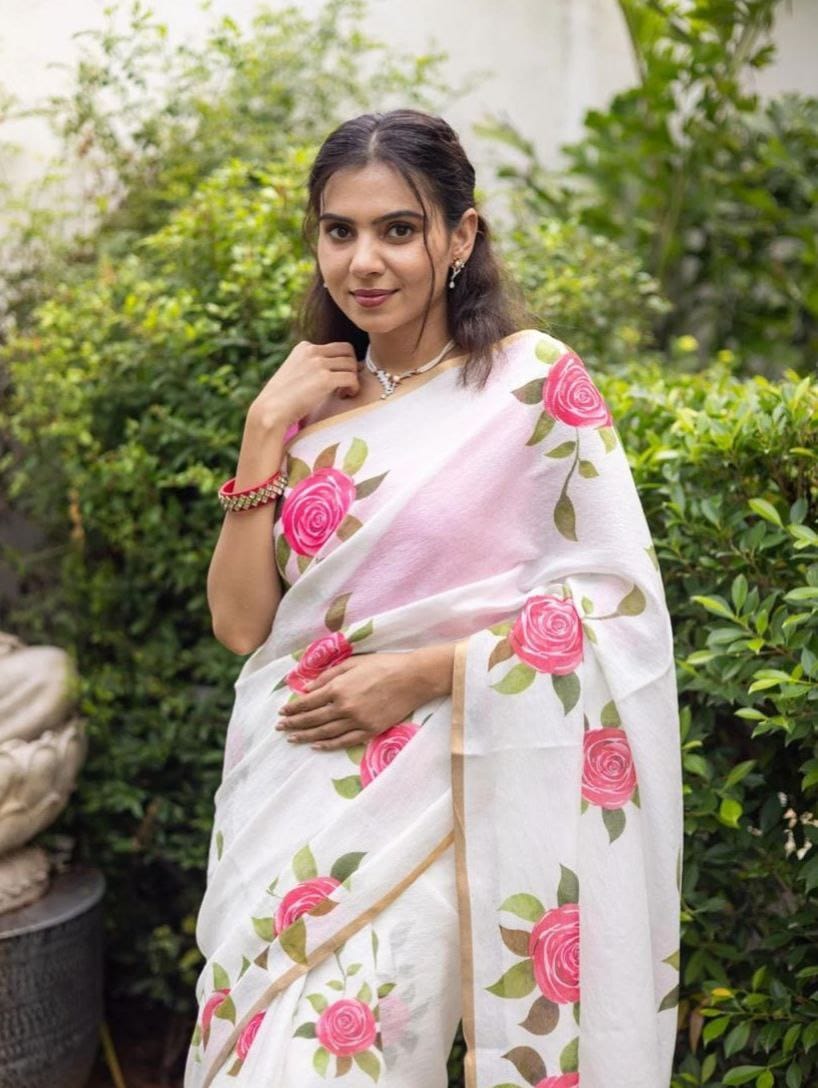 White Rose Floral Saree