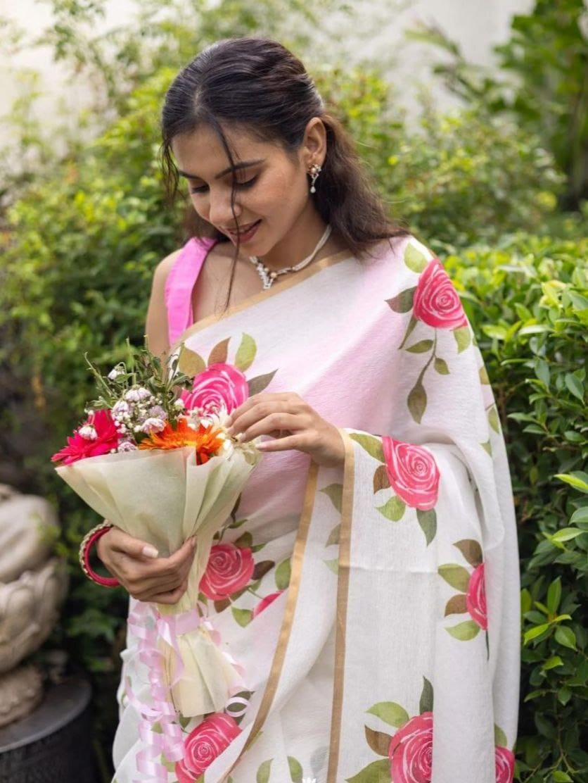 White Rose Floral Saree