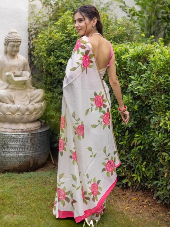 White Rose Floral Saree