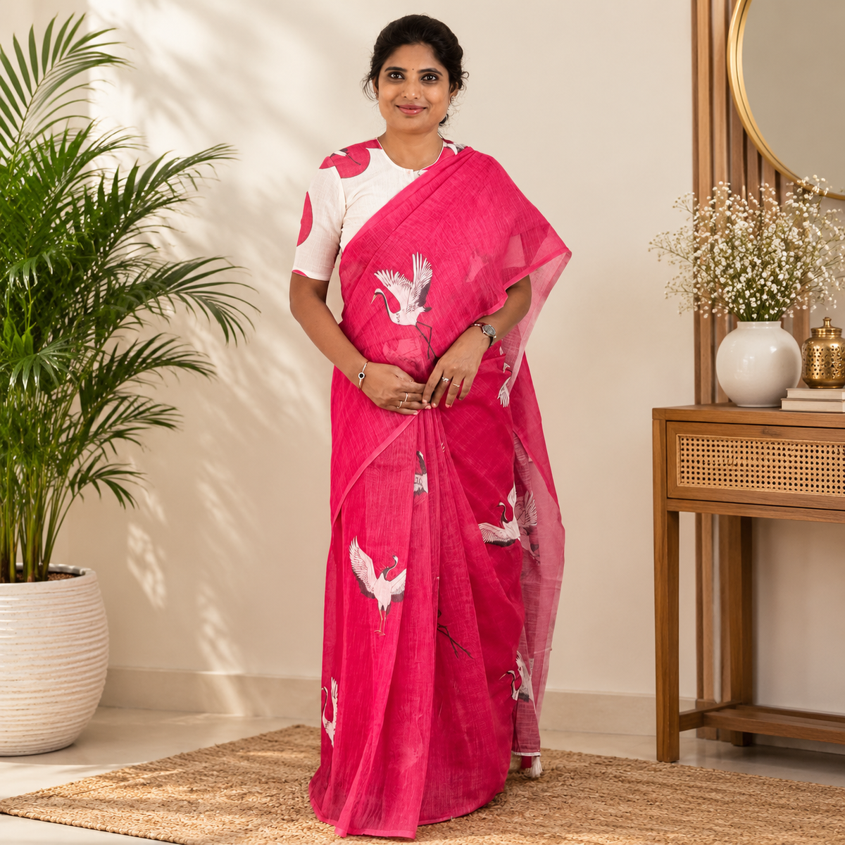 Pink Digital Print Linen Saree